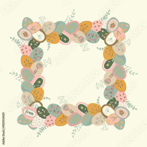 Pastel Easter wreath made of decorated eggs and delicate spring branches. Soft floral elements form a round frame on light background. Cute hand drawn vector illustration for greeting cards and