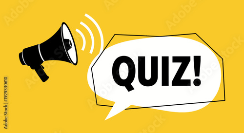 Bold quiz announcement megaphone graphic on vibrant yellow background for knowledge contests