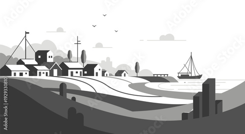 Black and White Coastal Village Illustration.