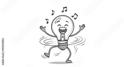 Cartoon light bulb singing happily.