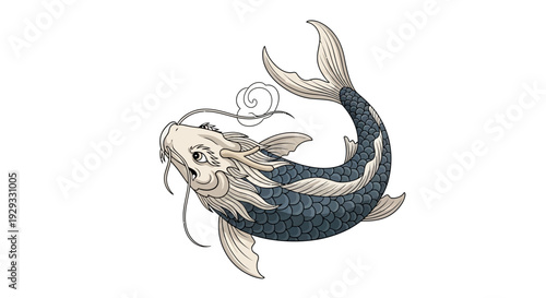 Japanese Koi Fish Illustration, Oriental Dragon-like Carp, White Background