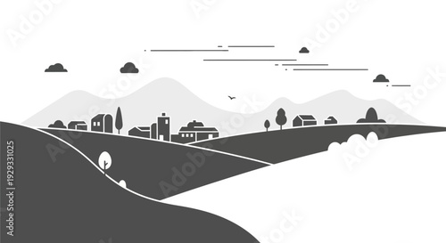 Black and White Landscape Illustration with Buildings.
