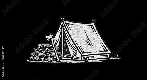 Camping tent with firewood axe and camping illustration isolated on black background
