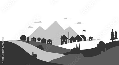 Black and White Mountain Village Landscape.