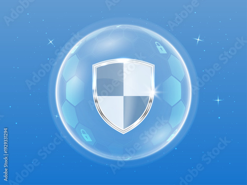 Futuristic Cyber Security 3D Sphere Bubble Shield Protection Dome with Lockpad and Antivirus Defense Vector Illustration