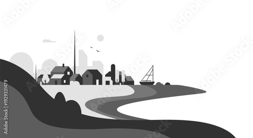 Black and White Village Landscape Illustration.