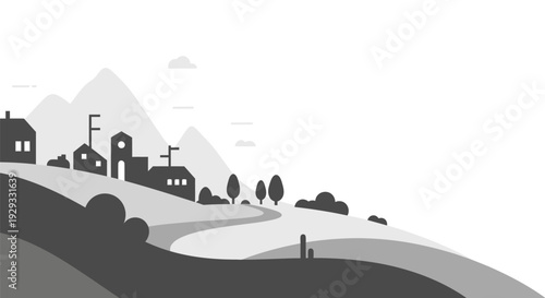 Black and White Village Landscape Illustration.