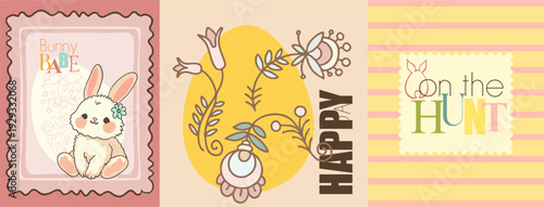 Happy Easter - a bright, cheerful poster with a modern background featuring folkloric elements (botanical ornament, lace). Flat digital illustration of Easter scenes. Vector