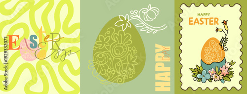 Happy Easter - a bright, cheerful poster with a modern background featuring folkloric elements (botanical ornament, lace). Flat digital illustration of Easter scenes. Vector