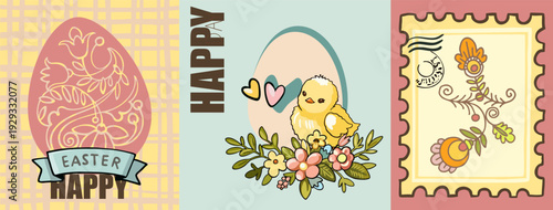 Happy Easter - a bright, cheerful poster with a modern background featuring folkloric elements (botanical ornament, lace). Flat digital illustration of Easter scenes. Vector