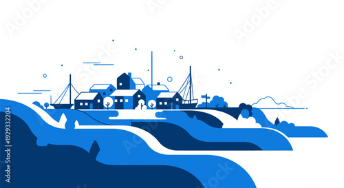 Blue Graphic Illustration of a Coastal Town.