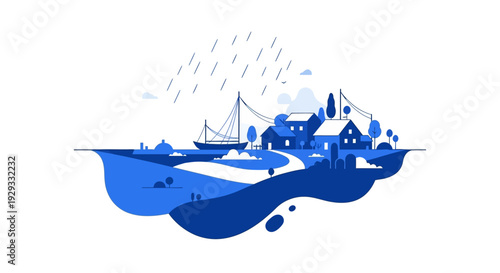 Blue Digital Illustration of Town Landscape.