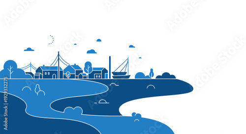 Blue Graphic Illustration of Industrial Harbor Scene.