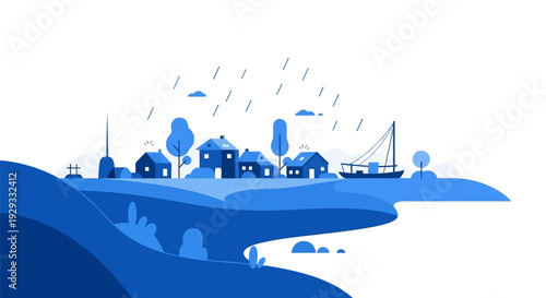 Blue Monochrome Illustration of Village Scene.