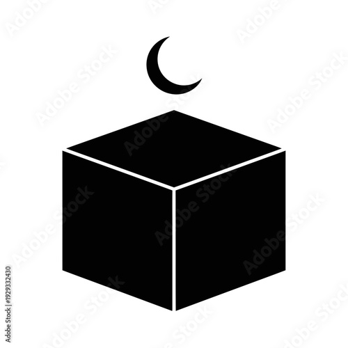 Abstract minimalist design of a solitary black cube with a graceful crescent moon floating above, evoking themes of cosmic mystery, nocturnal introspection, and balanced geometric harmony