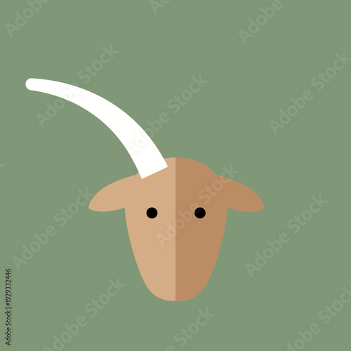 Minimalist brown goat head illustration with a single white horn on an earthy green background, a simplified farm animal icon in modern flat design style