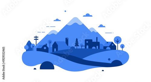 Blue Mountain Landscape with Village Illustration.