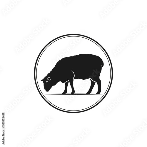 Clean black silhouette of a gentle sheep grazing peacefully within a crisp circular frame, embodying rustic farm charm, agricultural themes, and pastoral livestock