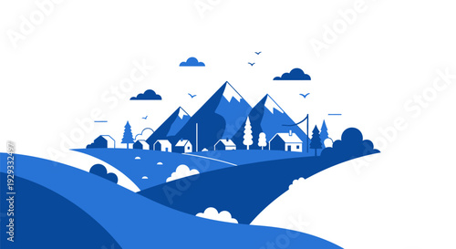 Blue Mountain Village Landscape Illustration Design.
