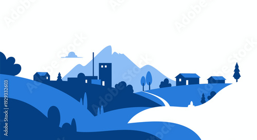 Blue Silhouette Illustration of Village Landscape.