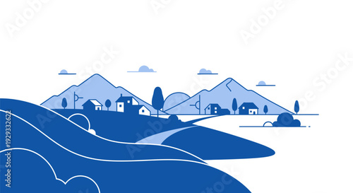Blue Mountains Landscape with Houses and Trees.