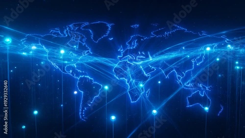 A luminous blue world map with interconnected nodes and glowing points of light