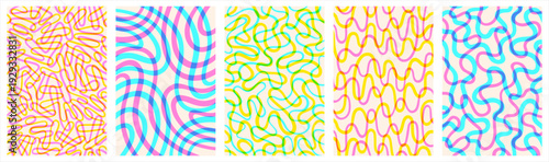 Modern abstract backgrounds set. Multi-layered riso print effect. Twisted hand drawn lines fluid curved wiggling stripes waves. Chaotic colorful patterns collection. Doodle uneven wavy organic line.