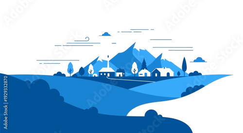 Blue Village Landscape with Mountains and Homes.