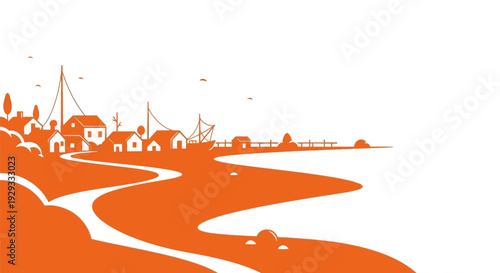 Coastal Town Silhouette with River and Boats.