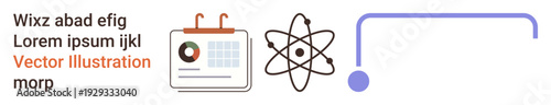 Education, research, planning, science, innovation technology connections. A calendar atomic diagram and abstract . Education and research concept. Line metaphor. Simple line icons
