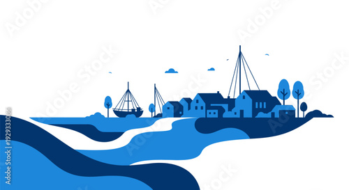 Coastal Town Silhouette with Sailing Boats.