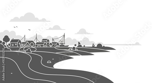 Coastal Village Illustration with Road and Water.