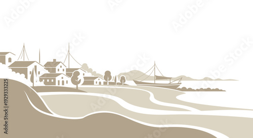 Coastal Village Illustration with Houses and Sailing Boats.