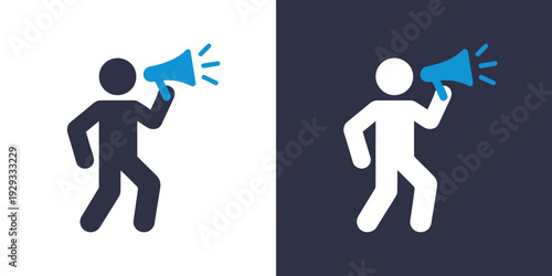 Stick figure running with megaphone shouting loud voice