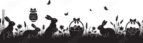 Easter bunny silhouettes with eggs in baskets and grass
