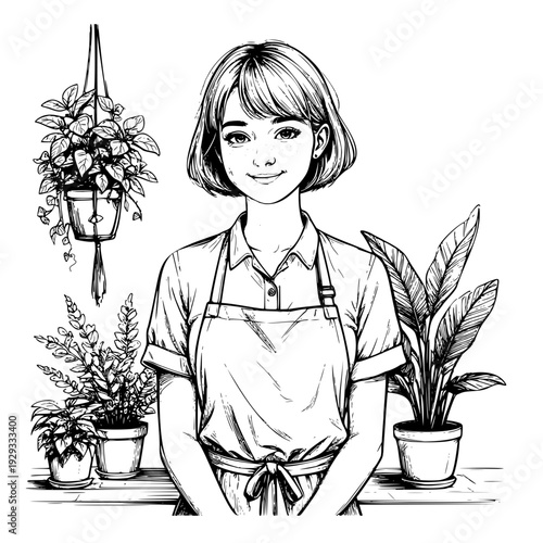 A girl in the garden takes care of flowers, black and white sketch. Vector illustration. House plants in pots. Theme of gardening, spring, work in the greenhouse 03