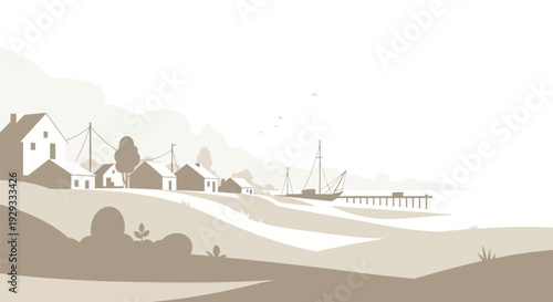 Coastal Village with Houses and Pier.