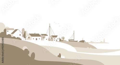 Coastal Village with Houses and Buildings.