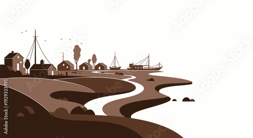 Coastal Village with River and Sailing Boats.
