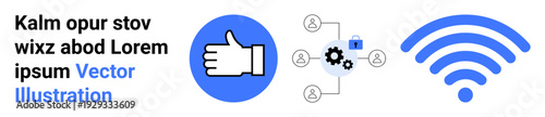 Marketing strategies, social media, wireless connection, digital communication, online networking, technology integration. A thumbs-up, gear-network diagram and wireless icon. Social media
