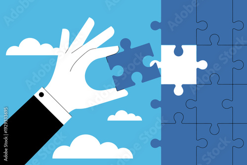 Hand placing puzzle piece in sky background