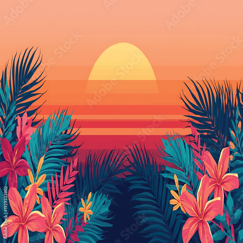 Vibrant tropical foliage silhouetted against a warm layered sunset scene