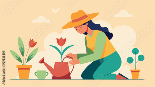 Young woman gardening with watering can and potted plants in flat vector style isolated on light background