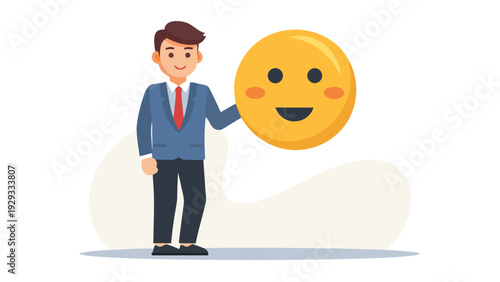 Smiling businessman standing beside large emoji icon in flat vector style isolated on light background