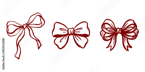 Hand Drawn Red Ribbon Bows Set Isolated on Black Background, Decorative Sketch Style Holiday Design Elements