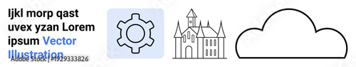 Gear symbol for technology, classic building outline for heritage, and cloud shape for connectivity. Ideal for technology, engineering, heritage, architecture, history, cloud computing and simple