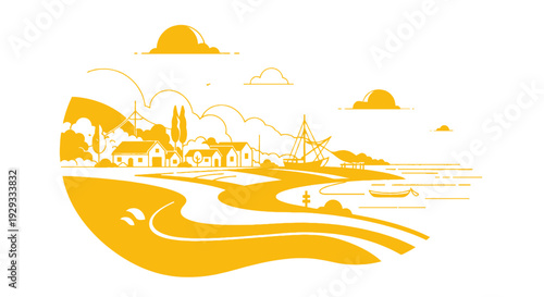 Golden Illustration of Town by Water.