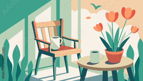 Cozy interior with rocking chair and tulip flowers on table in flat vector style with soft pastel colors