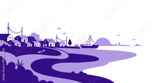 Graphic Illustration of Village Landscape Scene.