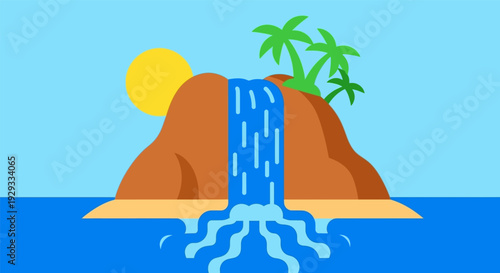Tropical island with waterfall in serene landscape with bright sunny lighting on digital illustration for travel advertising